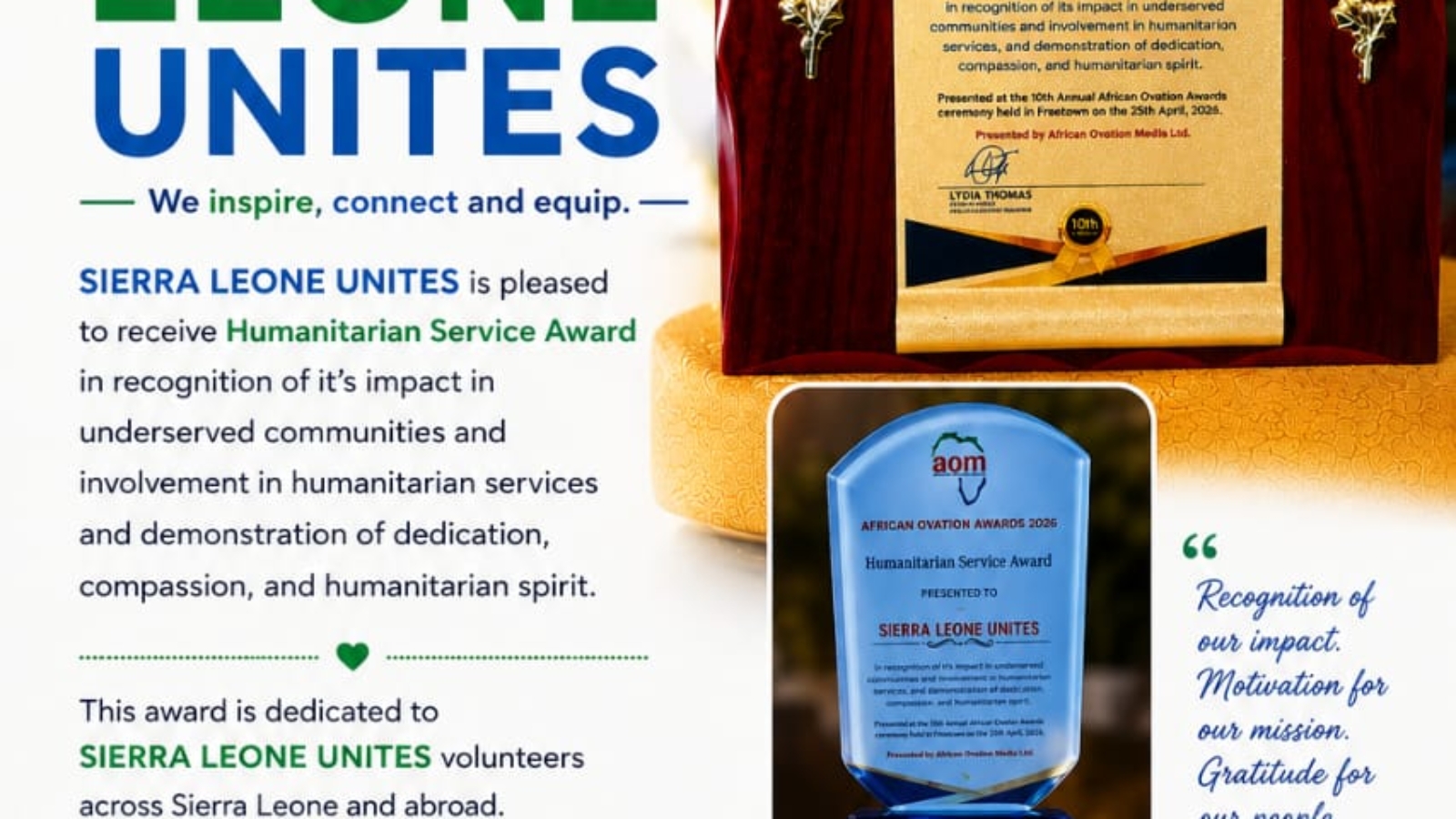 Sierra Leone Unites Receives Humanitarian Service Award